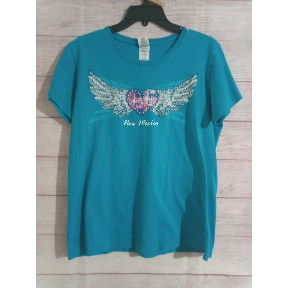 New Mexico T-Shirt Women's Size Large Angel Wings Heart Short Sleeve Blue Pink